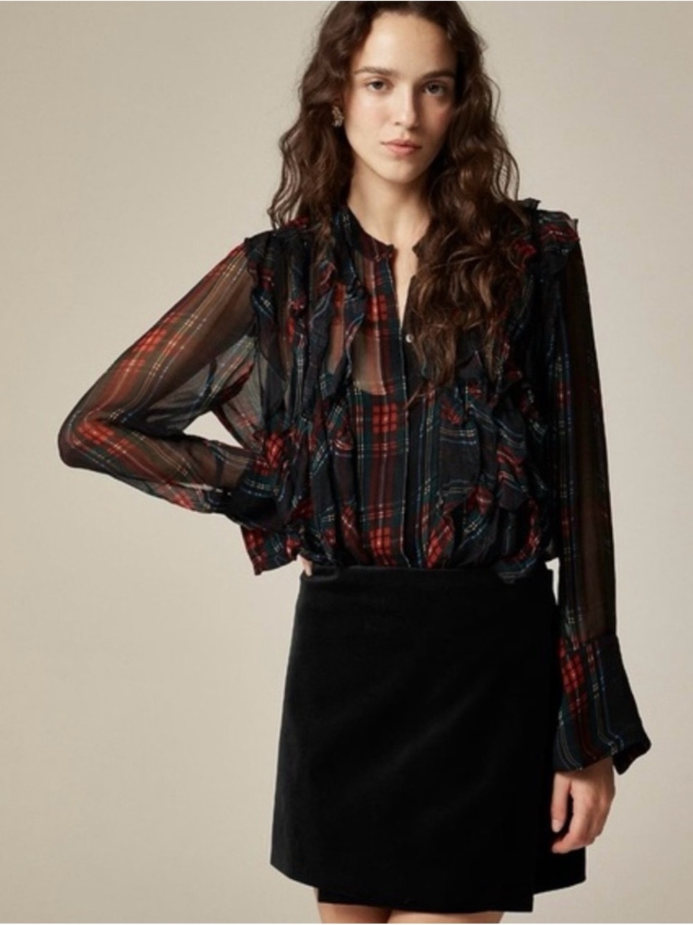 J.Crew Tartan Crinkle Cupro Ruffle Front Top Blouse Sheer Holiday Plaid Size 0